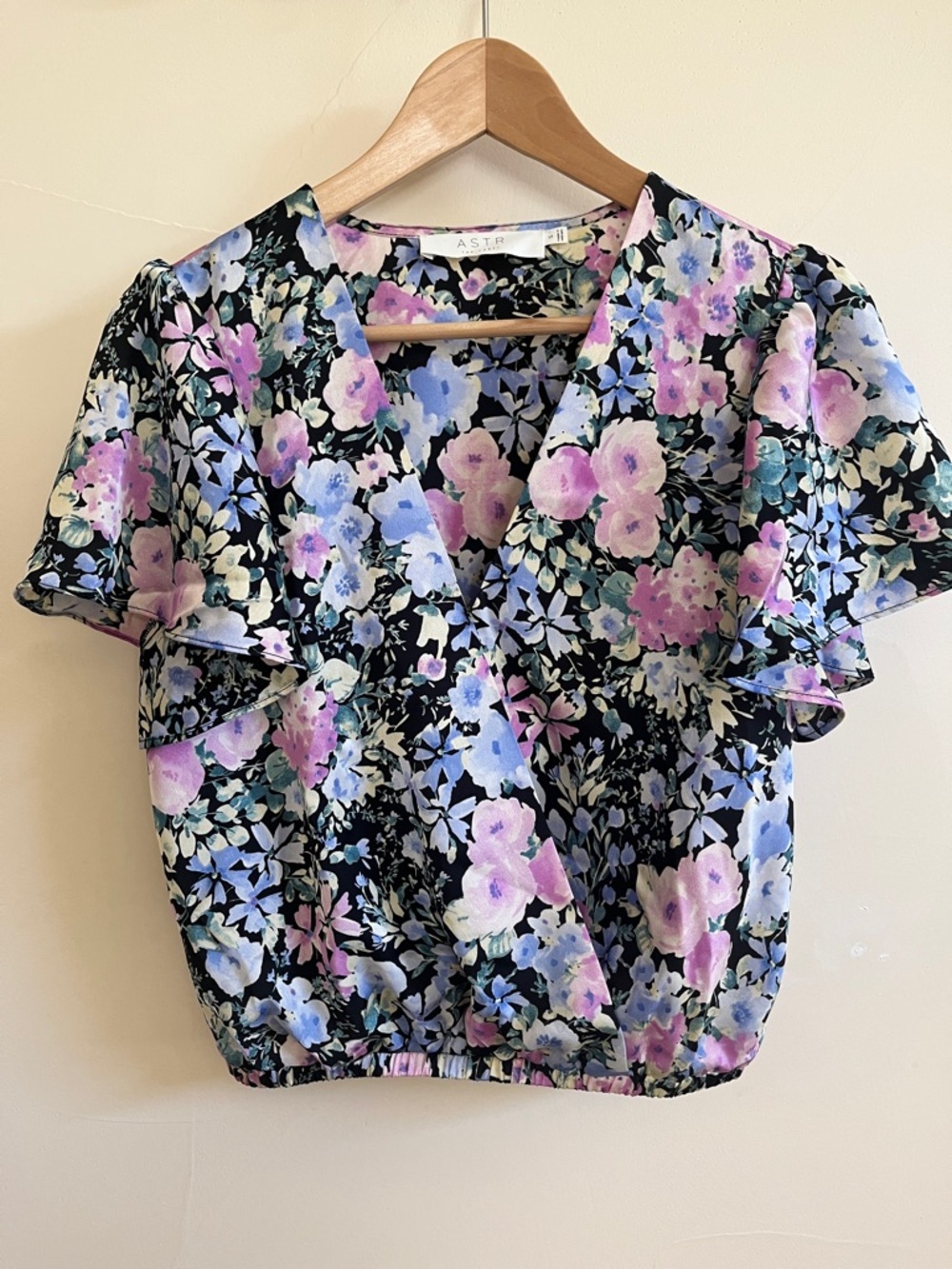 Astr Floral Wrap-Front Short Sleeve Top in Black, Lavender & Light Blue